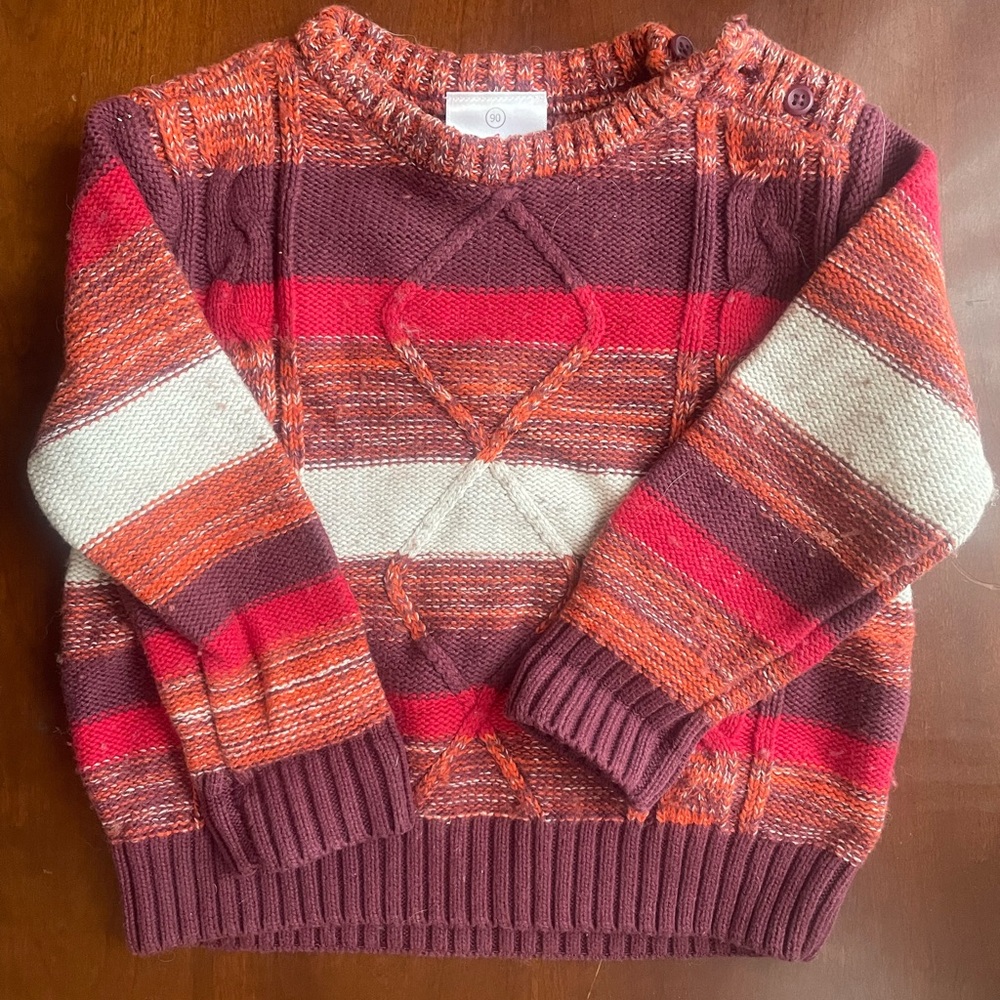 3T / 90cm Striped Cable Knit Sweater - Multicolor Red, Orange, Cream